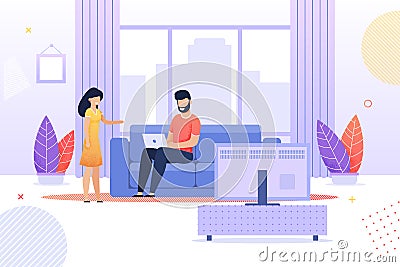 Wife Talks to Busy Husband at Home Flat Cartoon Vector Illustration