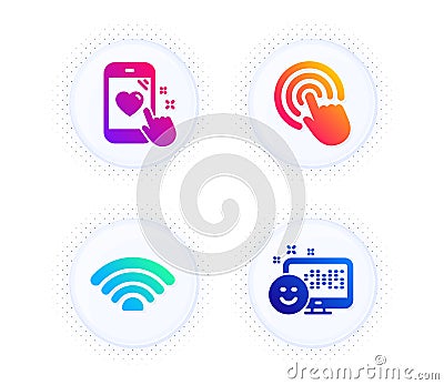 Wifi, Click and Heart rating icons set. Smile sign. Wi-fi internet, Cursor pointer, Phone feedback. Vector Vector Illustration