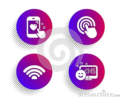 Wifi, Click and Heart rating icons set. Smile sign. Wi-fi internet, Cursor pointer, Phone feedback. Vector Vector Illustration