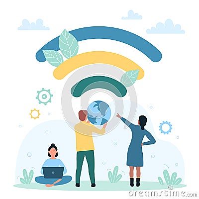 WIFI, connection and public assess, tiny people in free internet zone using laptop Vector Illustration