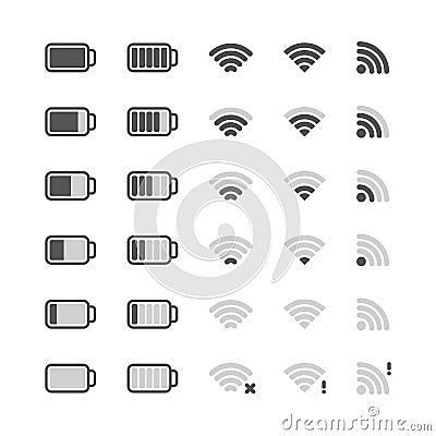 Wifi icon. digital ui symbols of battery charging and internet digital wireless connection wifi signal. vector set Vector Illustration