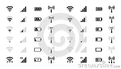 Wifi level icons, signal strength indicator, battery charge Vector Illustration