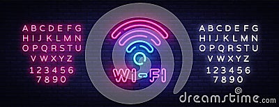 Wifi neon sign vector. Wifi symbol neon glowing letters shining, Light Banner, neon text. Vector illustration. Billboard Vector Illustration