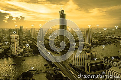 Wifi network connection concept above cityscape background Stock Photo