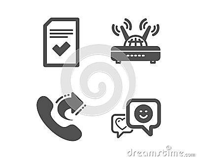 Wifi, Share call and Checked file icons. Smile sign. Internet router, Phone support, Correct document. Vector Vector Illustration