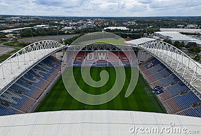 aerial view of the DW Stadium, home to Wigan Athletic football and Wigan Warriors rugby, Wigan, Manchester, England. Editorial Stock Photo