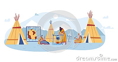 Wigwam dwellings, yurt local people, wild lifestyle, tribal travel, woman preparing food, design, flat style vector Vector Illustration