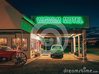 The Wigwam Hotel vintage neon sign at night, on Route 66 in Holbrook, Arizona Editorial Stock Photo