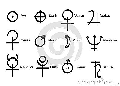 Alchemical symbols icons set alchemy elements pictogram. Sun, Earth and Planets Symbols, Astrological Wicca Symbols. Hand drawn Vector Illustration