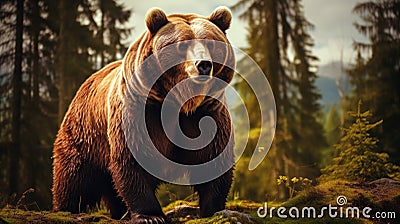 Wild adult Brown Bear Ursus Arctos in the summer forest Stock Photo