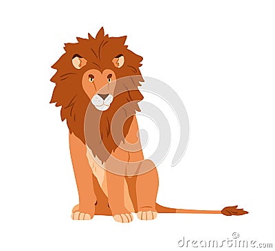 Wild adult male lion with mane. African feline animal sitting. Leo king with shaggy hairy fluffy head. Jungle cat Vector Illustration