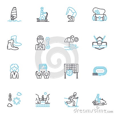 Wild adventures linear icons set. Safari, Jungle, Trek, Expedition, Rafting, Camping, Hiking line vector and concept Vector Illustration