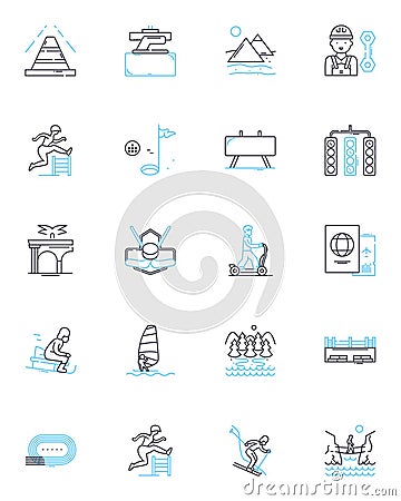 Wild adventures linear icons set. Safari, Jungle, Trek, Expedition, Rafting, Camping, Hiking line vector and concept Vector Illustration