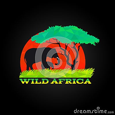 Wild africa low poly is africa mother and baby elephant, meadow and tree Vector Illustration