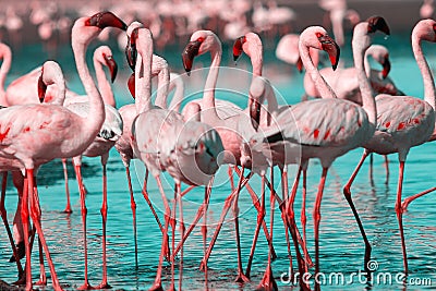 Wild african birds. Group birds of african flamingos walking around the blue lagoon on a sunny day Stock Photo