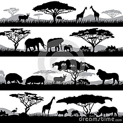 Wild african life. Background silhouettes of different animals and trees Vector Illustration