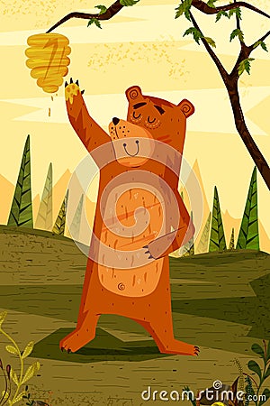 Wild animal Bear in jungle forest background Vector Illustration