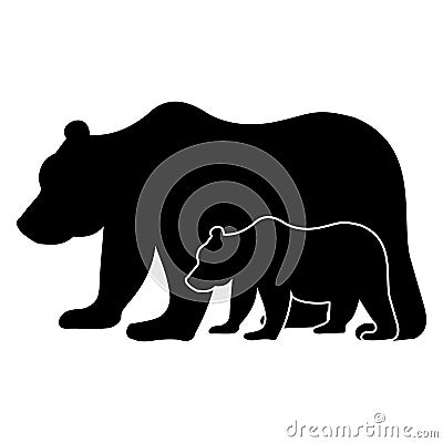 Wild Animal Big bear with a small bear cub, black isolated silhouette icon Vector Illustration