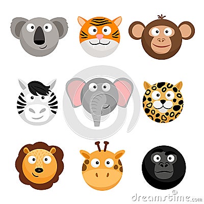 Wild animal emoticons. Vector cartoon funny smileys faces, cartoon animal emojis Vector Illustration