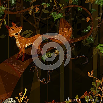 Wild animal Fox in jungle forest background Vector Illustration