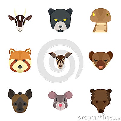 Wild animal head icon set, flat style Vector Illustration