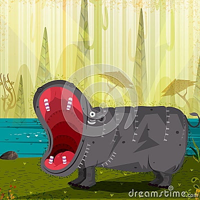 Wild animal Hippopotamus in jungle forest background Vector Illustration