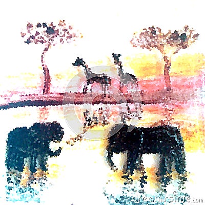 Wild Animal Illustration Elephants and Giraffe at Sunset Stock Photo