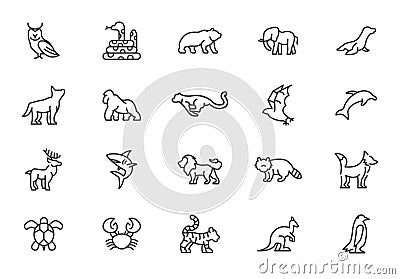 Wild animal line icons minimal style. Wildlife animals crocodile giraffe elephant gorilla raccoon vector line icon Vector Illustration