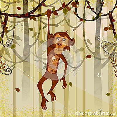 Wild animal Monkey in jungle forest background Vector Illustration