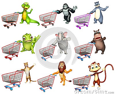 wild animal with Trolly Cartoon Illustration