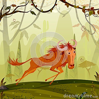 Wild animal Wildebeest in jungle forest background Vector Illustration