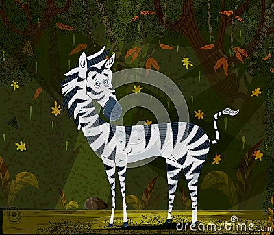 Wild animal Zebra in jungle forest background Vector Illustration