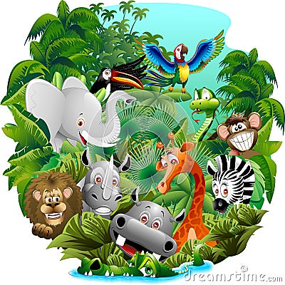 Wild Animals Cartoon on Jungle Vector Illustration