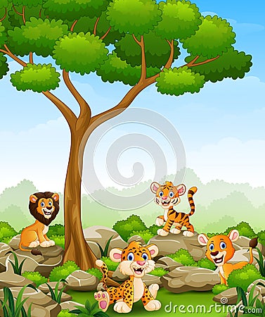 Wild animals cartoon in the jungle Vector Illustration