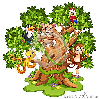 Wild animals cartoon on the trees Vector Illustration