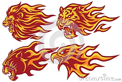 Wild Animals Flaming Flame Heads Set. Lion, Tiger, Jaguar, Panther Eagle - Vector Mascot Logo Design Vector Illustration