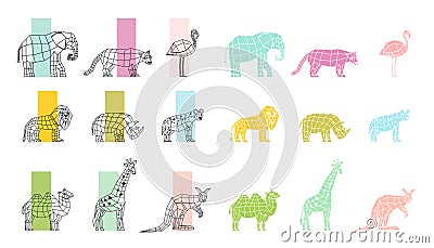 Wild Animals Flat Polygonal Icons Set Vector Illustration