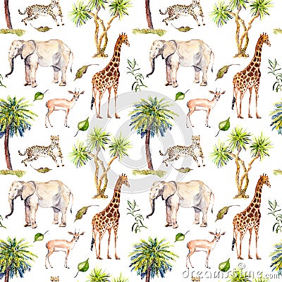 Wild animals - giraffe, elephant, cheetah, antelope. Savannah with palm trees. Repeating background. Watercolor Stock Photo