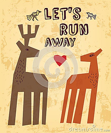 Wild animals love couple deer greeting card. Vector Illustration