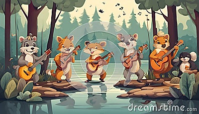 Wild animals music band playing on a lake in the middle of the forest Stock Photo