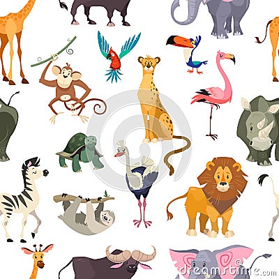 Wild animals seamless pattern. African safari print jungle zoo tropical leaves wallpaper textile cute kid animal flat Vector Illustration