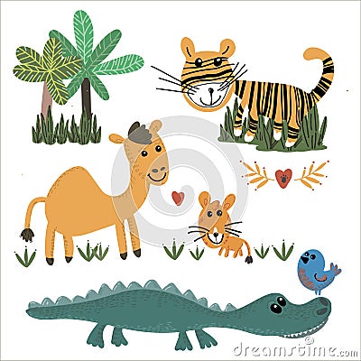 Wild animals Set wild animals African. Hand drawn flat color Vector Illustration