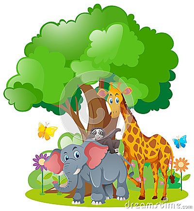 Wild animals standing under the tree Vector Illustration