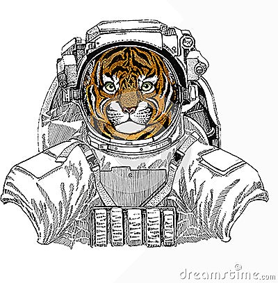 Baby tiger, small little tiger for children. Wild astronaut animal in spacesuit. Deep space. Galaxy. Vector Illustration