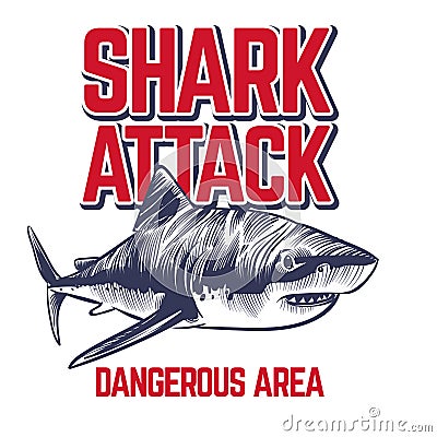 Wild attacking shark. Scary jaws of shark. Vintage ocean surf t-shirt sticker vector design Vector Illustration