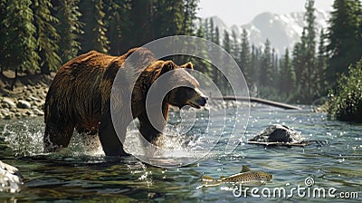 Wild bear hunting for salmon in mountain river in summer, brown grizzly animal in water on green trees background. Concept of Stock Photo