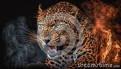 The Wild and the Beautiful: An Angry Leopard with Fire and Smoke, Apex Predator, Generative AI Stock Photo