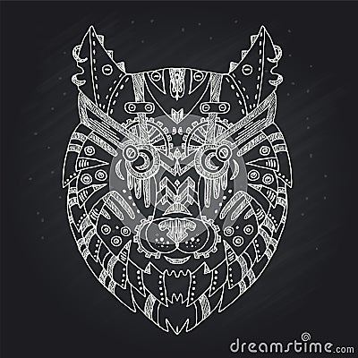 Wild beautiful wolf head hand draw on a chalk board background.Fashion boho american steam punk style in a vector illustration Vector Illustration