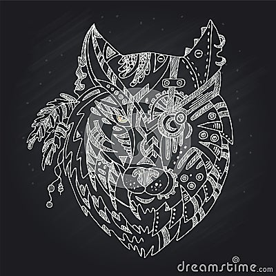 Wild beautiful wolf head hand draw on a chalk board background.Fashion boho american steam punk style in a vector illustration Vector Illustration