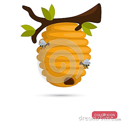 Wild bee hive hang at tree color flat icon Vector Illustration